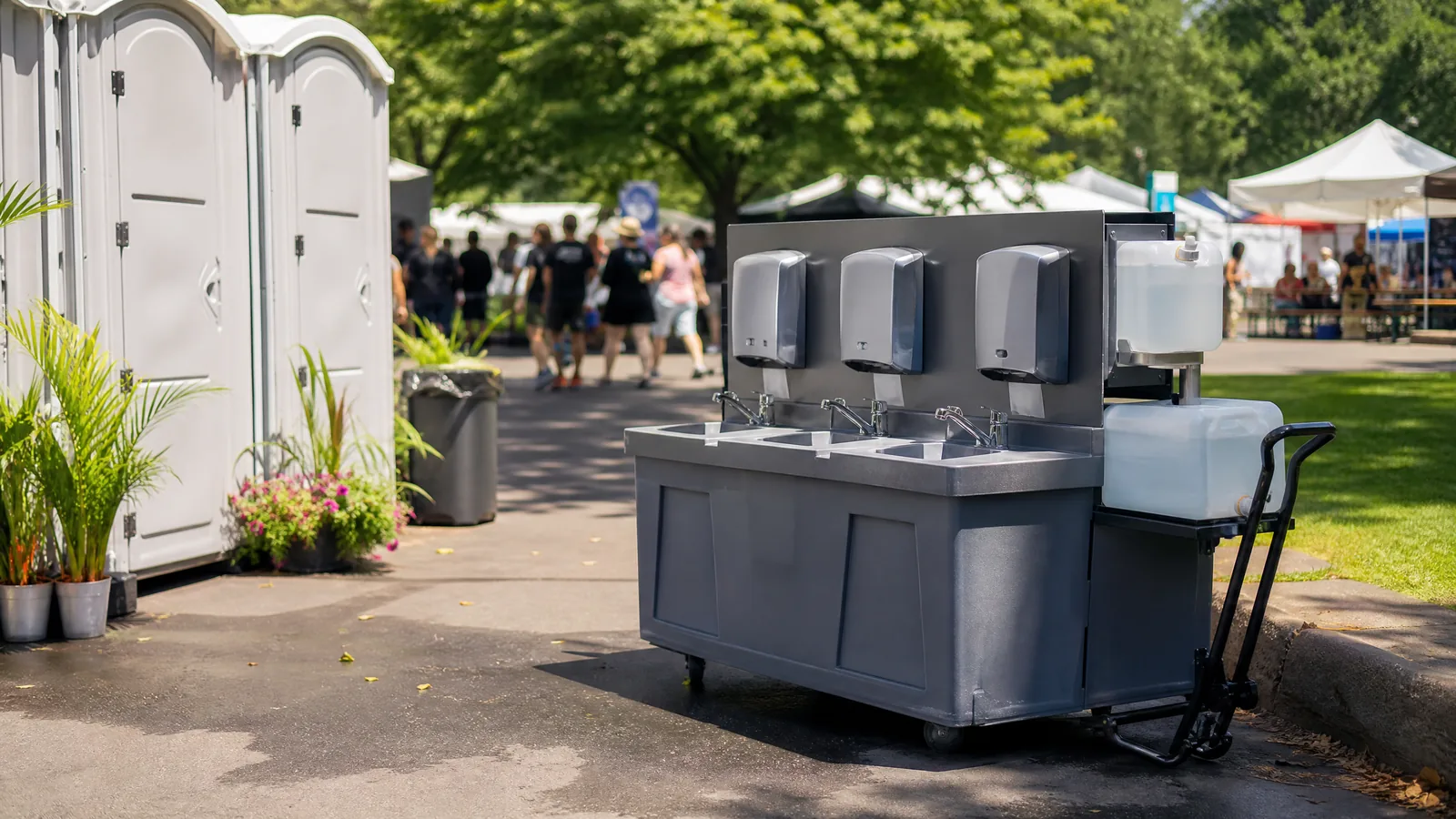 Standalone handwashing station with soap and paper towels beside temporary event restrooms