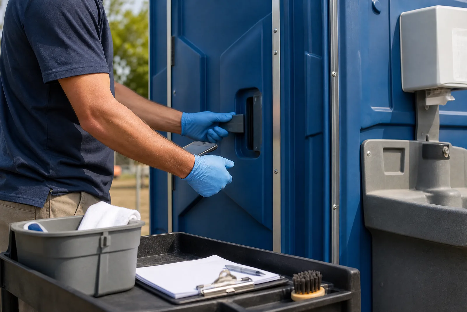 Clean portable restroom beside a shaded Anaheim-area park gathering with open lawn and folding tables